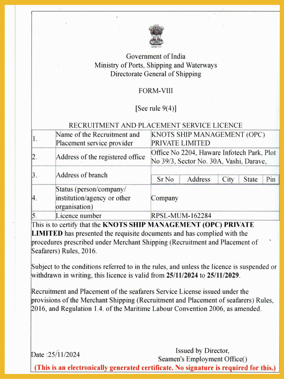RPSL Certificate, Knotship Management
