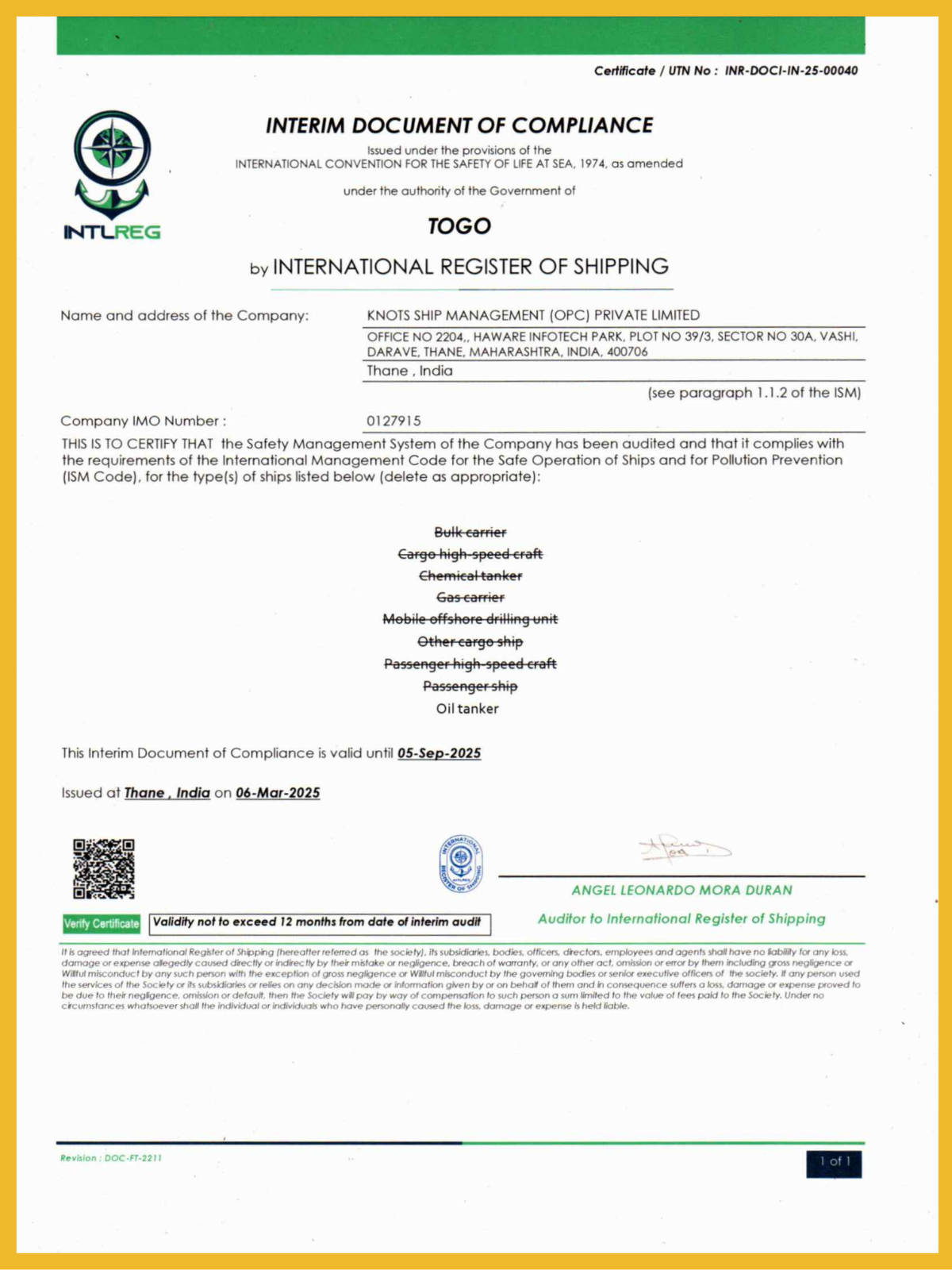 Document of Compliance, Knotship Management