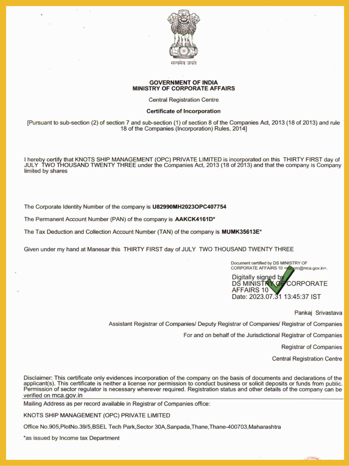 Incorporation Certificate, Knotship Management